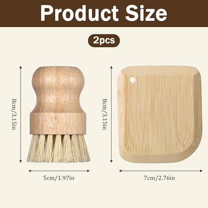 2 Pack Bamboo Dish Scrub Brush with Bamboo Pan Scraper Pot Scraper Non-Scratch Dish Scrapers Kitchen Cleaning Tools for Cast Iron Skillets, Cookware, Dishes, Pans Bowls, Plates and Pots