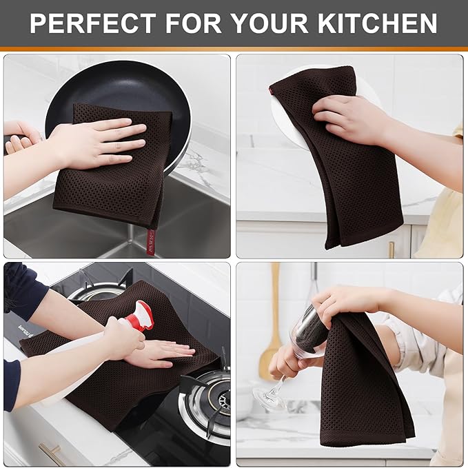 Kitinjoy 100% Cotton Waffle Weave Kitchen Hand Towels (13 X 28 Inches, Dark Brown), 4-Pack Super Soft and Absorbent Dish Towel for Drying Dishes