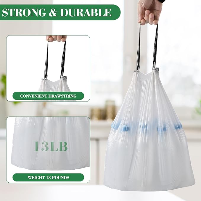 400 Counts 4 Gallon Trash Bag Drawstring Small Trash Bags, Thick Pre-separated Garbage Bags, Trash Bin Liners, Suitable for bathroom, kitchen, bedroom, office (White)