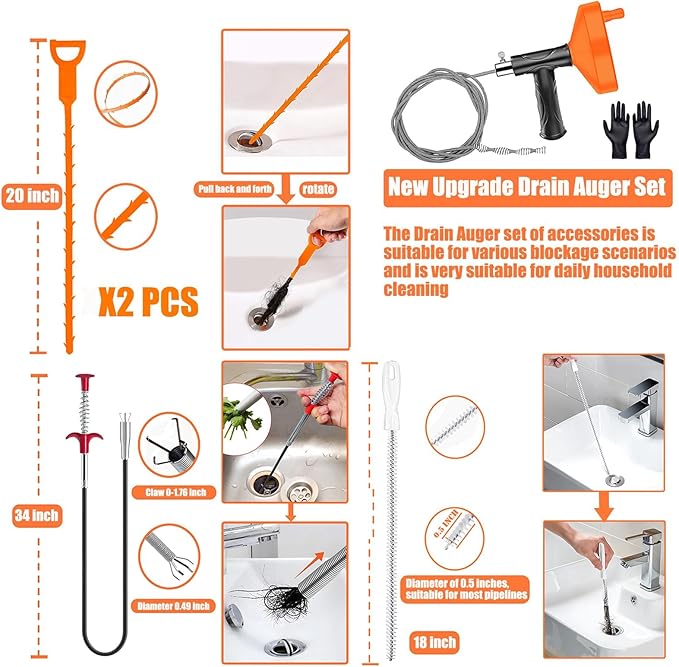 Drain Snake Auger (33 Feet), Plumbing Snake Drain Hair Clog Removal Tool, Sink Unclogger Drain Cleaner Tool for Bathroom Kitchen Tub Shower with Gloves