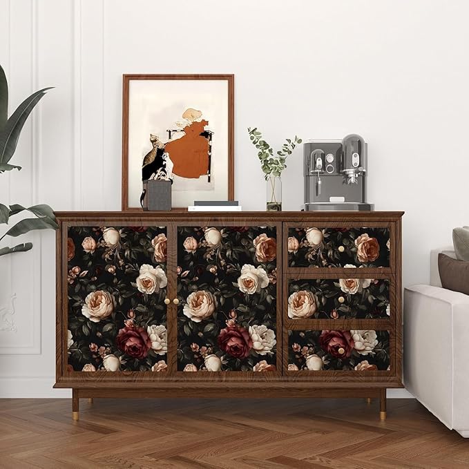 Floral Wallpaper Peel and Stick, Vintage Dark Black/White/Red Rose Contact Paper 17.5" x 197" , Retro Flowers Wall Paper Self Adhesive Waterproof Removable for Room Shelves Cabinet Drawer Table Decor
