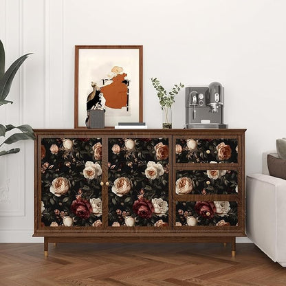 Floral Wallpaper Peel and Stick, Vintage Dark Black/White/Red Rose Contact Paper 17.5" x 197" , Retro Flowers Wall Paper Self Adhesive Waterproof Removable for Room Shelves Cabinet Drawer Table Decor