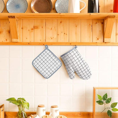 Oven Mitts and Potholders BBQ Gloves-Oven Mitts and Pot Holders with Recycled Infill Silicone Non-Slip Cooking Gloves for Cooking Baking Grilling (4-Piece Set) (White)
