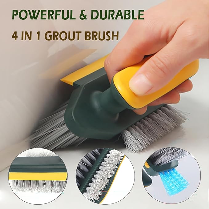 4 in 1 Grout Cleaning Brush with Scrape, V Shape Grout Cleaner Brush for Tile Floors, Tile Grout Brush with Stiff Bristles for Shower, Bathroom, Corner, Baseboard, Kitchen, Household - Green