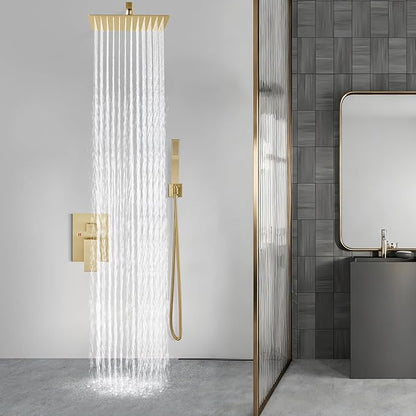 Aolemi Shower Faucet Set Rain Shower System with Handheld Spray Bathroom Shower Combo Rough-in Valve and Shower Trim Kit Included Brushed Gold 16 Inch Wall Mount Shower Head
