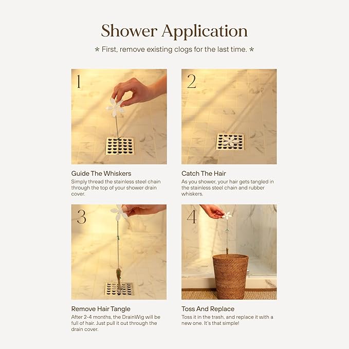DrainWig Shower Drain Hair Catcher – Disposable Bathroom Hair Trap, Easy to Install in Shower Drain Cover, Helps Prevent Clogs – As Seen on Shark Tank - Bathroom Accessories - Shell (4-Pack)