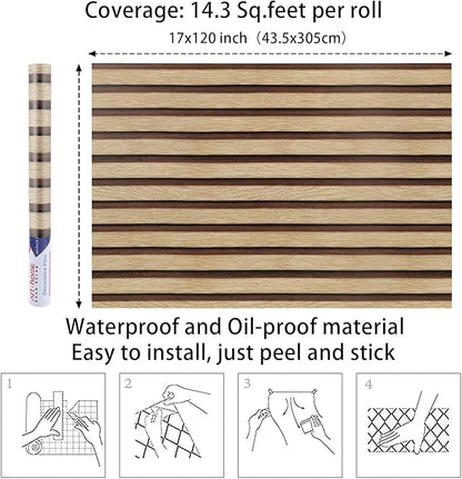 Arthome 17''x120'' Wood Slat Wallpaper Peel and Stick self Adhesive Wood Wallpaper PVC Vinyl Decorative Removable Wallpaper Waterproof Faux Wood Grating Stripe Contact Paper for Living Room Bedroom