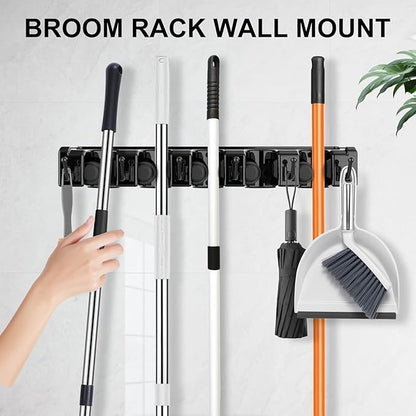 nacena Broom Holder Wall Mount, 2 Packs broom and mop organizer wall hanging broom and mop organizer wall hanging with 5 Ball Slots and 6 Hooks (Black)