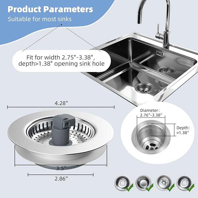 Hibbent Universal 3 in 1 Kitchen Sink Drain Strainer with Sink Stopper, Stainless Steel Wrapped Shell, SUS304 Anti-Clogging Basket Strainer, Fit for US Standard 3-1/2" Drain, Stainless Steel