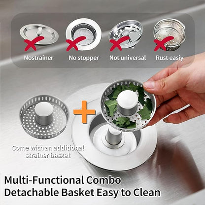 Kitchen Sink Drain Strainer,Stainless Steel 3-in-1 Pop-up Sink Stopper with Sealing Ring, Anti-Clog & Odor-Proof Drain Filter, Fits 3-1/2 Inch Sink Drain Holes, Easy Installation-2pc