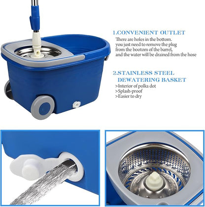 Mop and Bucket with Wringer Set 25QT，Stainless Steel Deluxe 360 Spinning Mop Bucket Floor Cleaning System with 3 Microfiber Replacement Head Refills, 2X Wheel for Home Cleaning with Drain Plug