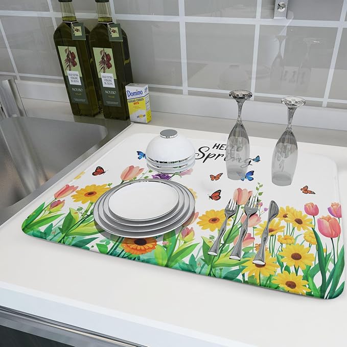 Hello Spring Flowers Green Dish Drying Mat 18 x 24 Inch With Absorbent Reversible Microfiber Butterfly Floral Spring Summer Drying Mats Fast Dry Pad Draining Mat For Kitchen Countertop