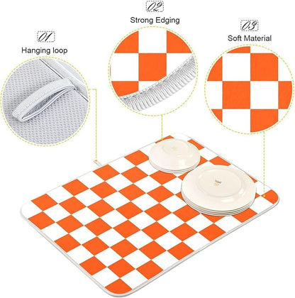 Burnt Orange Chessboard Dish Drying Mat for Kitchen Countertop 16x18 Plaid Checkered Rectangle Small Drying Mat Reusable Quick Dry Dish Sink Absorbent Mats Easy Clean Decorative Home Essentials