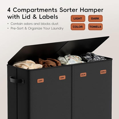 Laundry Hamper 4-Section with Lid, 185L Laundry Sorter with 4 Removable Bags + 1 Extra Large Bag, Switchable 3/4 Compartment, Laundry Basket Organizer for Bedroom, Laundry Room，Black