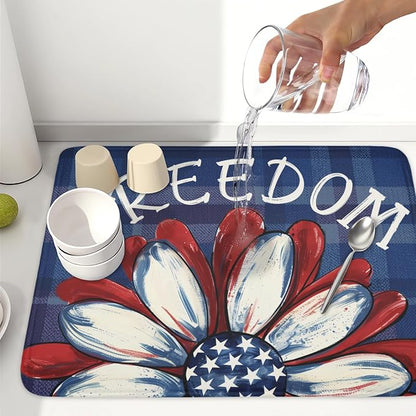 4th of July Dish Drying Mat 24x18 Inch, Patriotic Drying Mat with Absorbent Reversible Microfiber, Independence Day Dish Drainer Mats Memorial Day Rack Pad for Coffee Countertop Kitchen Protector