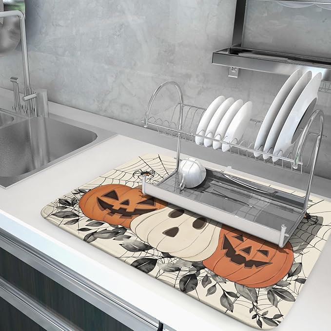 Halloween Pumpkin Dish Drying Mat for Kitchen Counter 18x24 Black Bat Spiderweb Holiday Scary Theme Absorbent Reversible Microfiber Drying Mats Kitchen Countertop Protector Dishes Drainer Pad