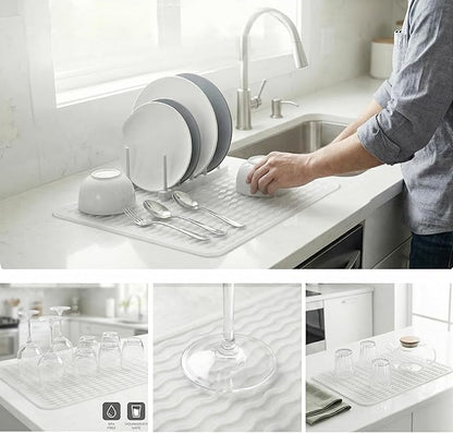 MicoYang Silicone Dish Drying Mat for Multiple Usage,Easy clean,Eco-friendly,Heat-resistant Silicone Mat for Kitchen Counter or Sink,Refrigerator or drawer liner Translucent L 16 inches x 12 inches