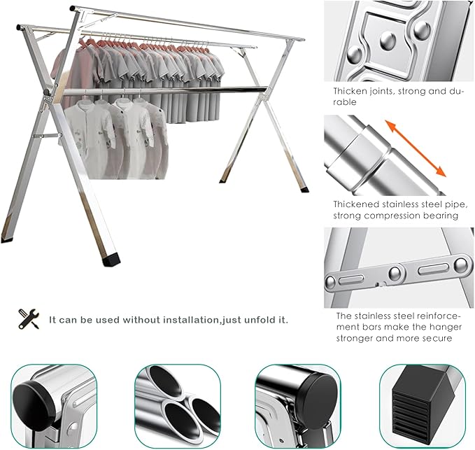 AIODE Clothes Racks for Hanging,94.5 inch for Stainless Steel Adjustable and Foldable Space Saving Laundry Clothes Drying Rack for Indoor Outdoor with Windproof Hooks