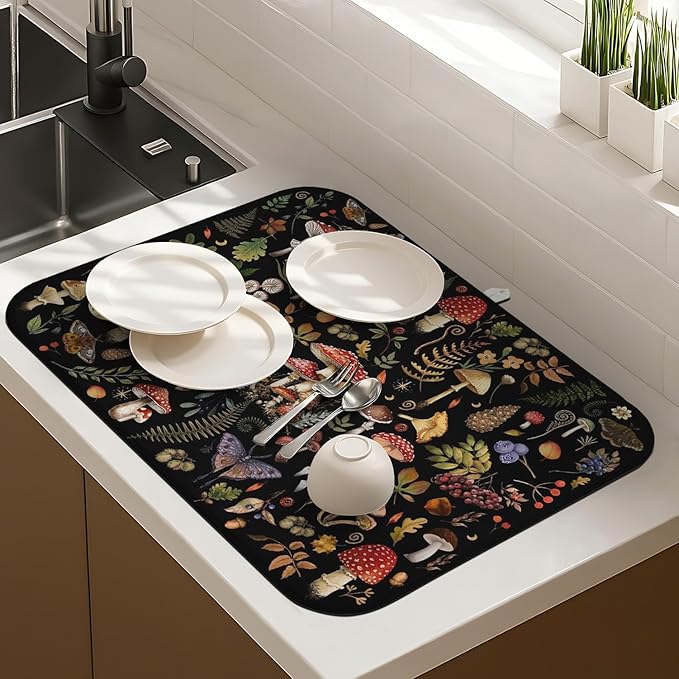 Dish Drying Mat Drainer Pads - Extra Large Microfiber Drying Mats for Dishes Kitchen Counter Super Absorbent Pads for Draining Racks (Black,18"x24" )