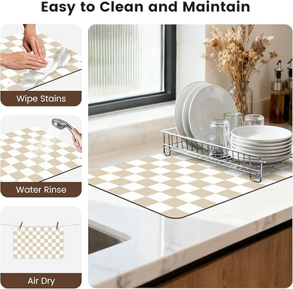 12" x 20" Checkered Dish Drying Mat for Kitchen Counter, Absorbent Coffee Bar Mat for Espresso Machine Coffee Countertops Accessories (Khaki)
