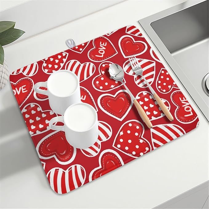 Valentines Day Dish Drying Mat for Kitchen Counter Red Polka Dot Stripe Love Heart Pattern Drying Mat 16x18 Inch Valentines Holiday Absorbent Dish Drainer Mat Kitchen Accessories