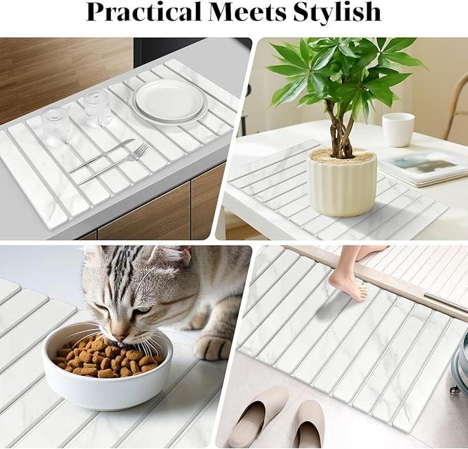 2 PCS Extra Large Stone Dish Drying Mats for Kitchen Counter, 28"(L)×16"(W) Marble-Pattern Dish Drying Mat with 8"x 4" Coasters, Eco-Friendly Diatomite Dish Drying Mat - Fits All Countertops