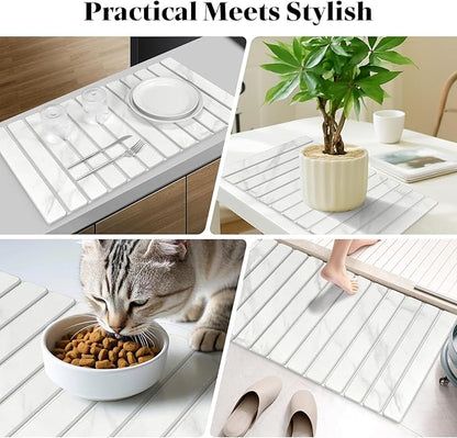 2 PCS Extra Large Stone Dish Drying Mats for Kitchen Counter, 28"(L)×16"(W) Marble-Pattern Dish Drying Mat with 8"x 4" Coasters, Eco-Friendly Diatomite Dish Drying Mat - Fits All Countertops