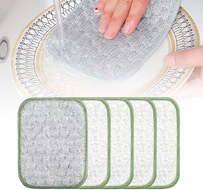 Multipurpose Wire Dishwashing Rags for Wet and Dry, Double Layer Wire Cleaning Cloths for Sinks Pots Pans, Thick Non Scratch Wire Dishcloth Scrubbing Pads Kitchen Supplies, Towel Wire Cleaning (5)