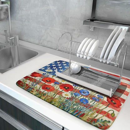 Patriotic American Flag Dish Drying Mat for Kitchen Counter 18x24 4th of July Red Blue White Floral Rustic Absorbent Reversible Microfiber Drying Mats Kitchen Countertop Protector Dishes Drainer Pad