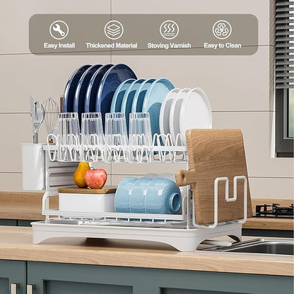 Dish Drying Rack,2-Tier Dish Racks for Kitchen Counter with Drainboard & Utensil Holder,Large Dish Drying Rack for Bowls/Cups/Bottles (White)