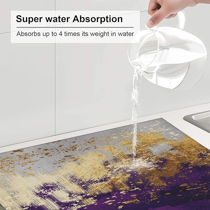 Purple Gold Abstract Art Dish Drying Mat for Kitchen Counter, Absorbent Microfiber Drying Pad for Dishes, Decorative Kitchen Mat for Sink Area & Coffee Bar, Foldable Reversible Purple Decor 16" x 18"