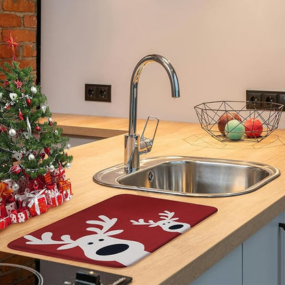 Christmas Dish Drying Mat, Ultra Absorbent Microfiber Dish Drainer Mat Christmas Reindeer Drying Mats for Kitchen Counter, Coffee Maker, Tableware Decor, 18 x 24 Inch