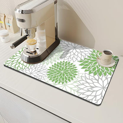 Findosom 2PCS 12" x 20" Dish Drying Mat & 24" x 5.5" Sink Splash Guard, Super Absorbent & Cuttable Dish Mat Drying Kitchen Mat with Green Floral, Hide Stain Drying Mat for Kitchen Counter