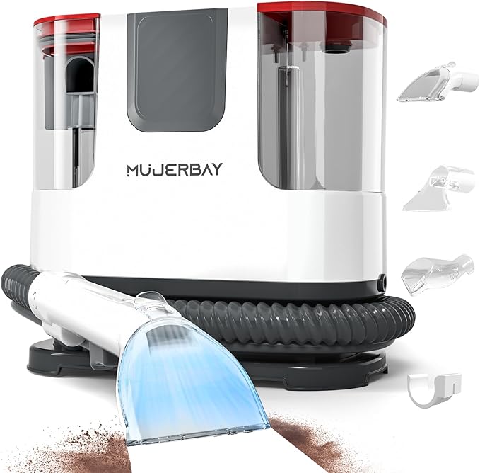 Upholstery Carpet Cleaner, MUJERBAY 12Kpa Portable Spot & Stain Cleaner Shampooer, Move with Universal Wheels & Handle, 1.18-inch Deep Cleaning Machine for Couch, Stairs, Car & Messes.White.