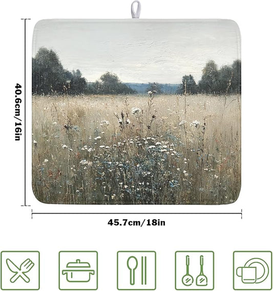 Oil Painting Drying Mat 18x16 Inch, Wildflowers Drying Mat with Absorbent Reversible Microfiber, Countryside Aesthetic Dish Drainer Mats Summer Rack Pad for Coffee Countertop Kitchen Protector
