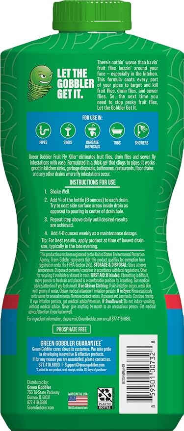 Green Gobbler Fruit Fly Killer+ - Kills Fruit Flies, Drain Flies & Sewer Flies, Gel Treatment for Use in Sinks & Pipes - Safe for Septic Systems, 32oz - Up to 8 USES (2 Pack)