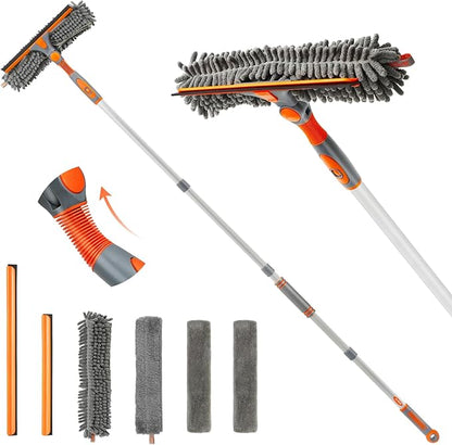 Eazer Squeegee Window Cleaner Tool, 2 in 1 Rotatable Window Cleaning Squeegee Kit with Extension Pole, 62'' Window Washing Kit, Bendable Head for Car Glass - 2 Scraper