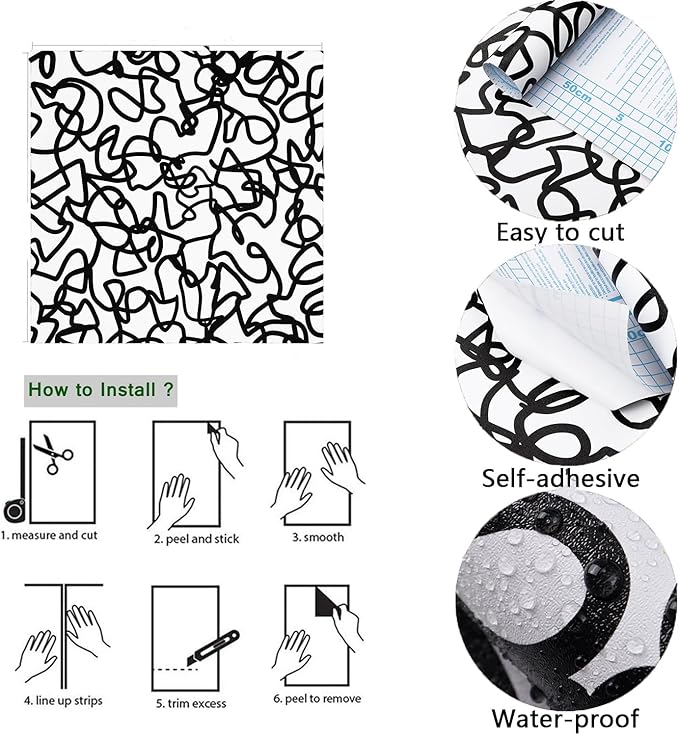 Ismoon 17.3"X196" Unique Black and White Peel and Stick Wallpaper Scribbles Wallpaper Modern Black Contact Paper Thickened Removable Self-Adhesive Wall Paper for Home Decoration Vinyl Film Roll