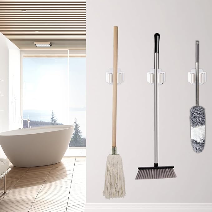 Verdenu 15 Pack Broom Holder Wall Mount, Mop and Broom Holder Wall Mount, Stainless Steel Command Mop Holder with Screws, Garden Tool Storage Organizer for Kitchen, Home, Bathroom, Garage, White