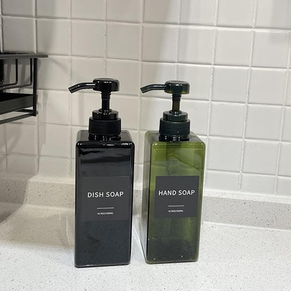 Green Soap Dispenser with Waterproof Labels, Thickened Plastic Hand Soap Dispenser for Bathroom, Kitchen Dish Washing Liquid Bottles, Shampoo and Conditioner Bottles with Funnel (16oz 2Pack Green)