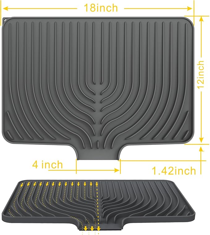 Silicone Drying Mat for Kitchen Counter , Dish Drying Rack Matt with Built in Drain, 18 Inch Dry Mats for Dishes Drying Pad for Kitchen Counter (18×12inch, gray)