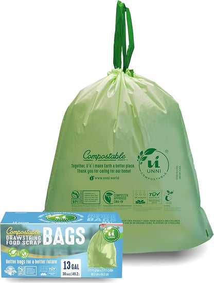 UNNI Compostable Drawstring Bags, 13 Gallon, 49.2 Liter, 30 Count, Heavy Duty 1 Mil, Tall Kitchen Food Scrap Waste Bags, ASTM D6400, US BPI, CMA & Europe OK compost Certified, San Francisco