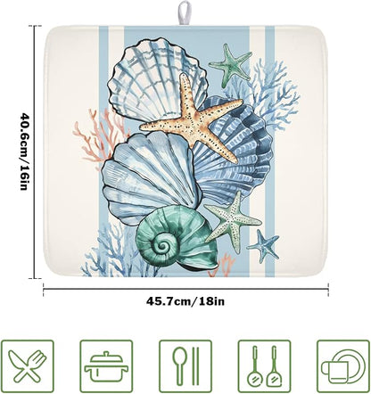 Summer Sea Shell Drying Mat 18x16 Inch, Starfish Drying Mat with Absorbent Reversible Microfiber, Coastal Dish Drainer Mats Holiday Ocean Rack Pad for Coffee Countertop Kitchen Protector