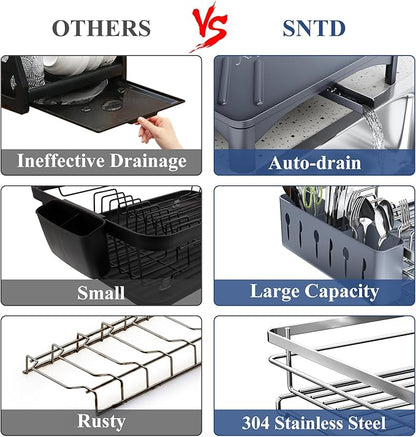 SNTD Dish Drying Rack for Kitchen Counter - Stainless Steel Dish Rack with Drainboard, Large Dish Drainer with Utensil Holder for Sink, Silver
