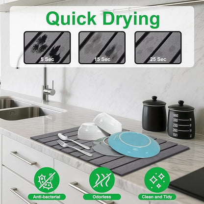 cuomaop Stone Drying Mat for Kitchen Counter Large, Foldable Quick Dry Diatomaceous Earth Mat for Dishes Bottles Cups, Absorbent Collapsible Stone Dish Drying Mat for Countertop Bathroom 23" x 15.3"