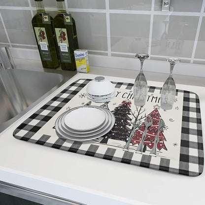 Merry Christmas Tree Dish Drying Mat for Kitchen Counter 18x24 Inch Black Red Grey Xmas Plaid Print Absorbent Reversible Microfiber Drying Mats Kitchen Countertop Protector Dishes Drainer Rack Pad