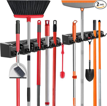 nacena Broom Holder Wall Mount, 2 Packs broom and mop organizer wall hanging broom and mop organizer wall hanging with 5 Ball Slots and 6 Hooks (Black)