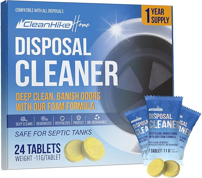 CleanHike Garbage Disposal Cleaning Deodorizer Tablets - (24 Pack), Super Fresh Lemon Foam Deep Cleaning Action Sink, Garburator, Disposer Freshener, Natural Kitchen Drain Care - 1 Year Supply