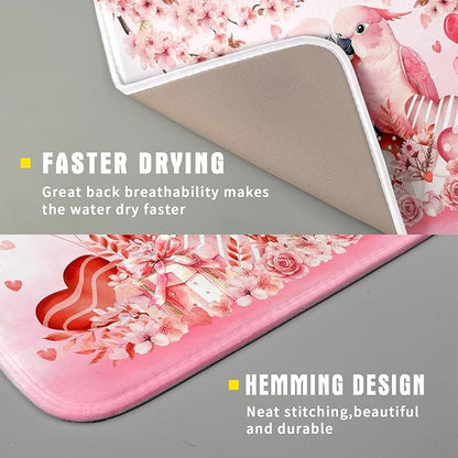Small Holiday Dish Drying Mat Pink Love Bird Absorbent Coffee Bar Mat for Decoration 16 X 18 In