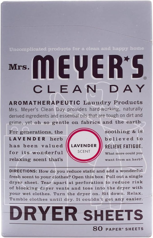 MRS. MEYER'S CLEAN DAY Dryer Sheets, Fabric Softener, Reduces Static, Infused with Essential Oils, Lavender, 80 Count